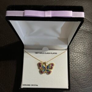 Butterfly necklace, NWOT, 18 karat gold, flash, plated, genuine, crystal